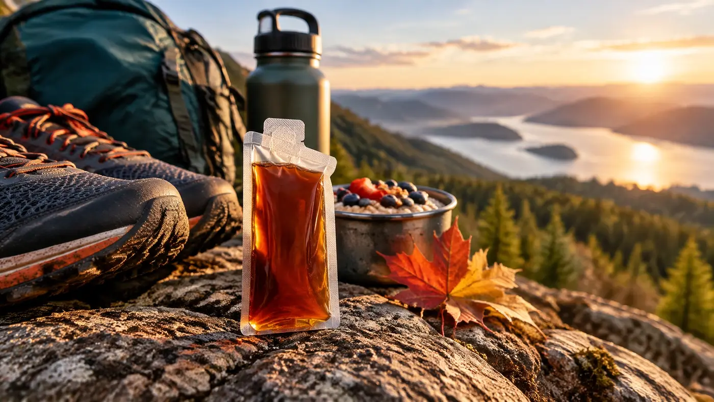 The Maple Shot pouch and pure maple syrup ready for an active day